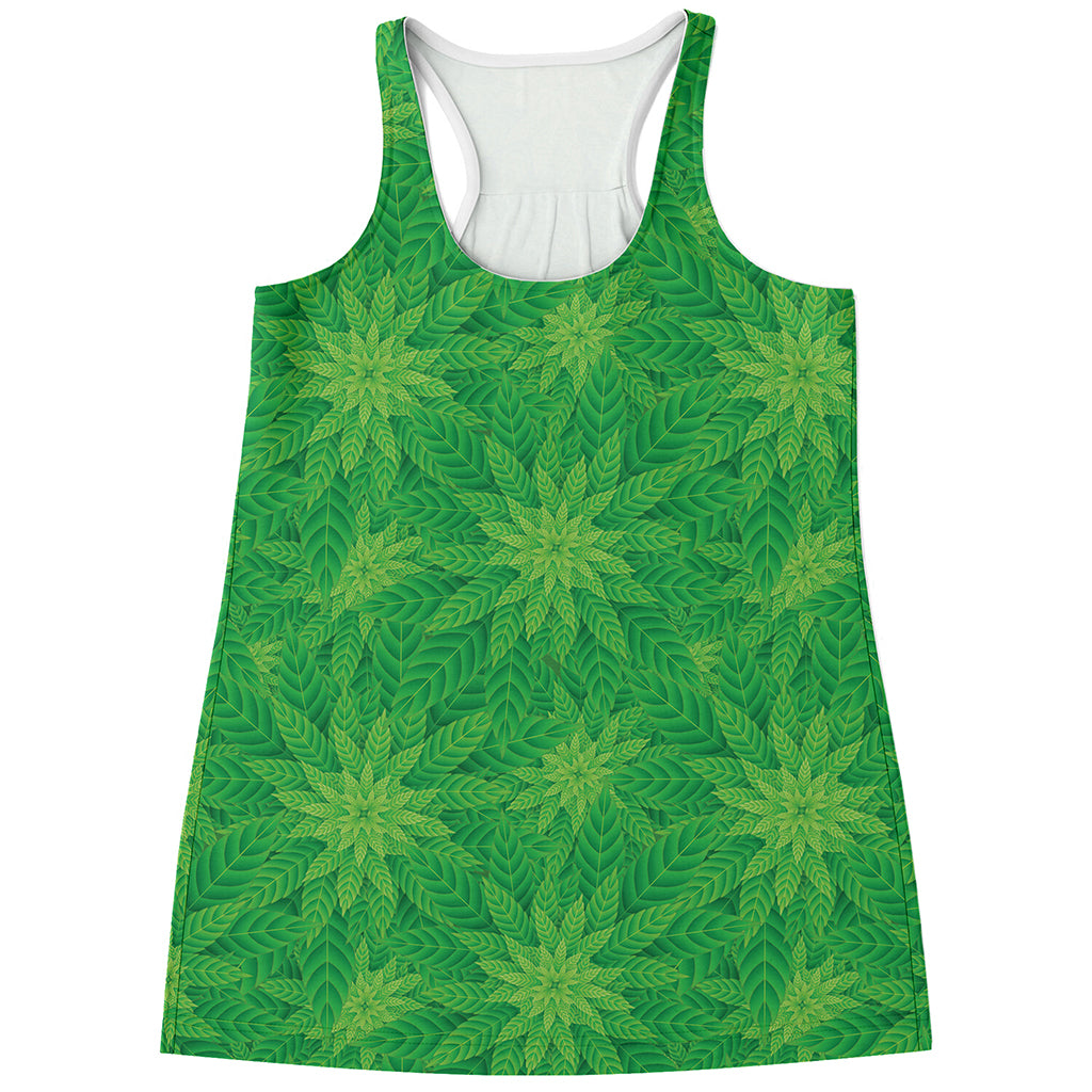 Green Cannabis Leaf Pattern Print Women's Racerback Tank Top