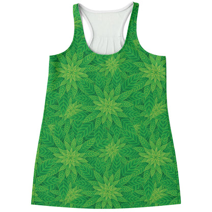 Green Cannabis Leaf Pattern Print Women's Racerback Tank Top