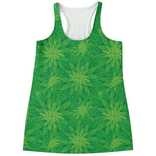 Green Cannabis Leaf Pattern Print Women's Racerback Tank Top