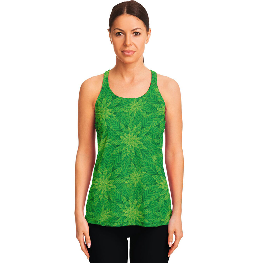 Green Cannabis Leaf Pattern Print Women's Racerback Tank Top