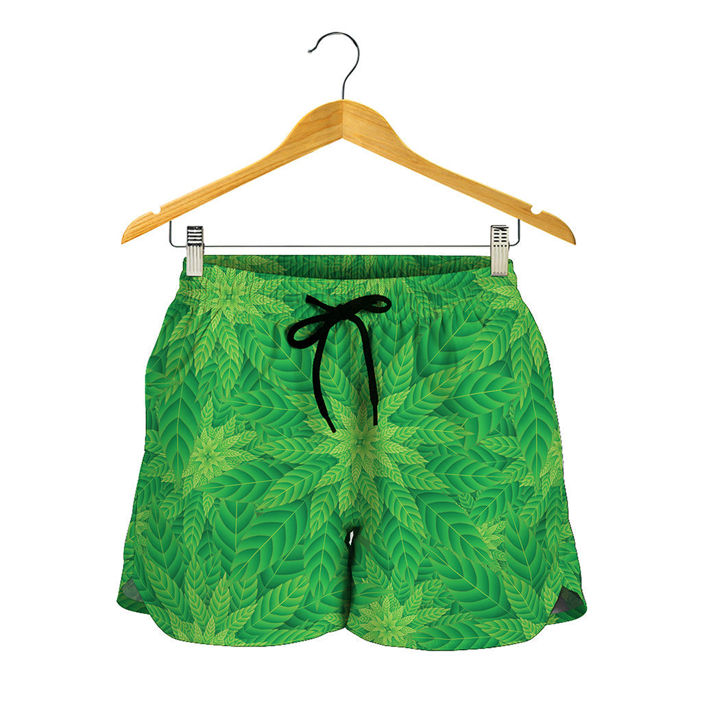 Green Cannabis Leaf Pattern Print Women's Shorts