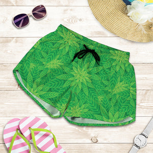 Green Cannabis Leaf Pattern Print Women's Shorts