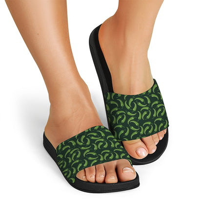 Green Chili Peppers Pattern Print Black Slide Sandals