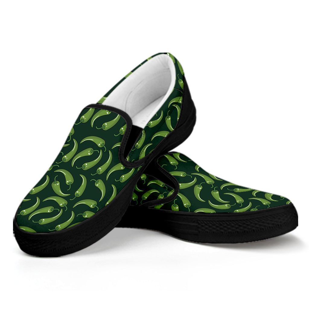 Green Chili Peppers Pattern Print Black Slip On Shoes