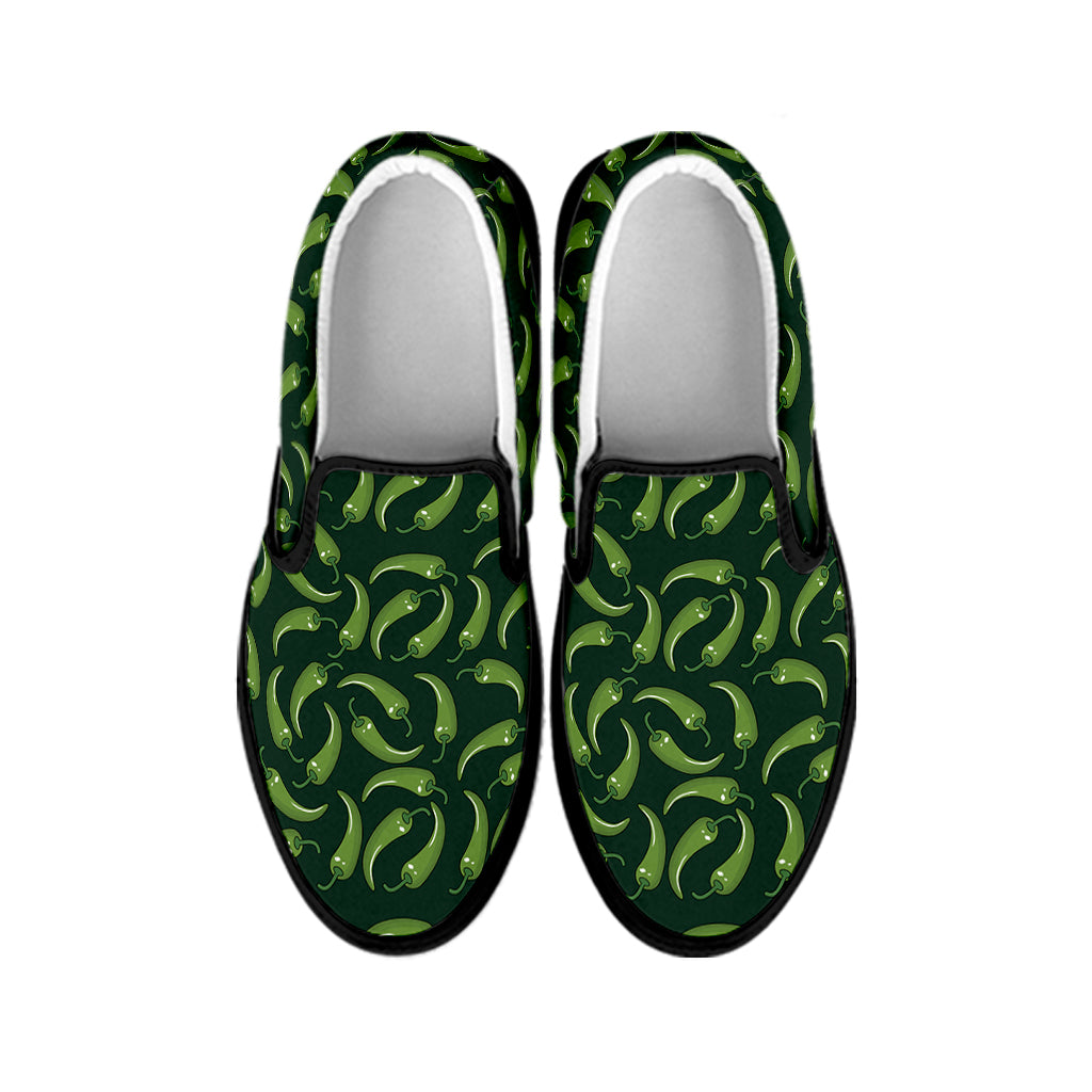 Green Chili Peppers Pattern Print Black Slip On Shoes
