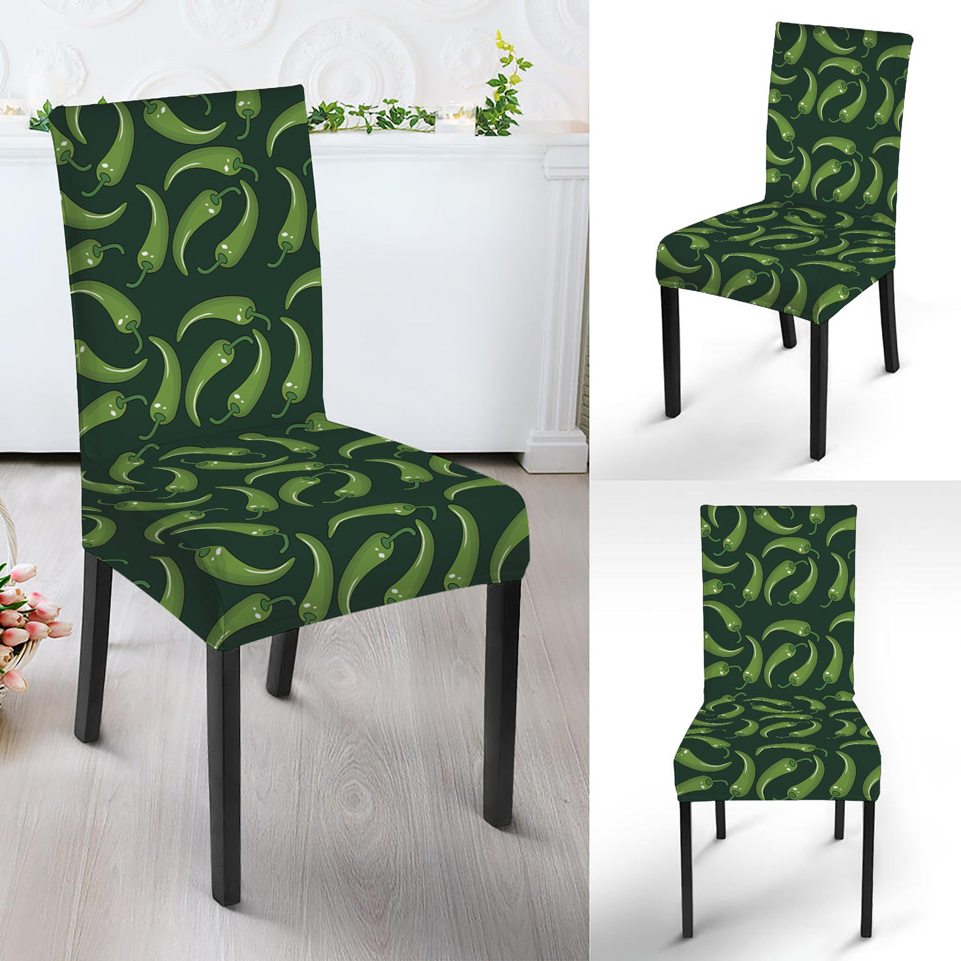 Green Chili Peppers Pattern Print Dining Chair Slipcover