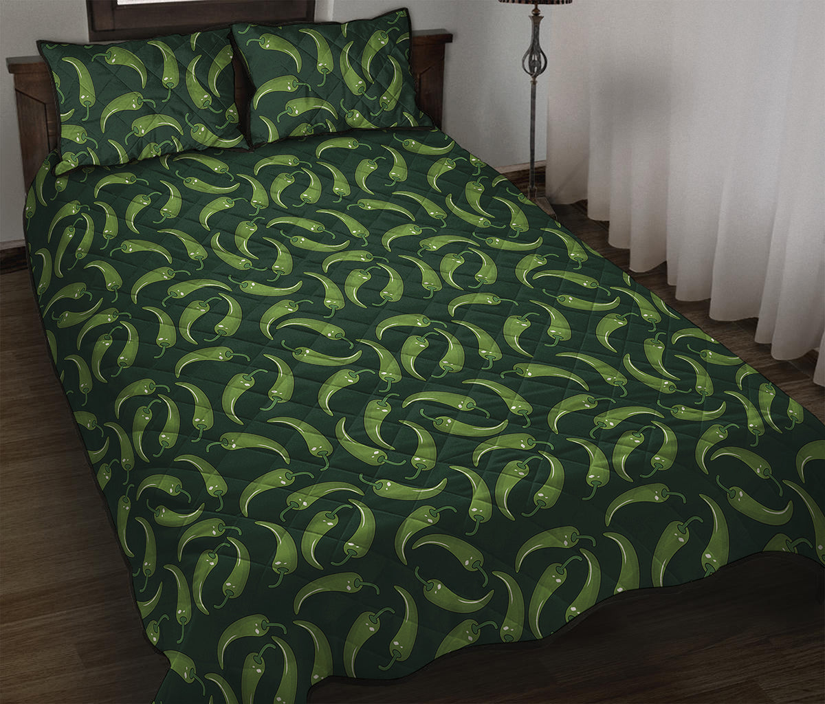 Green Chili Peppers Pattern Print Quilt Bed Set