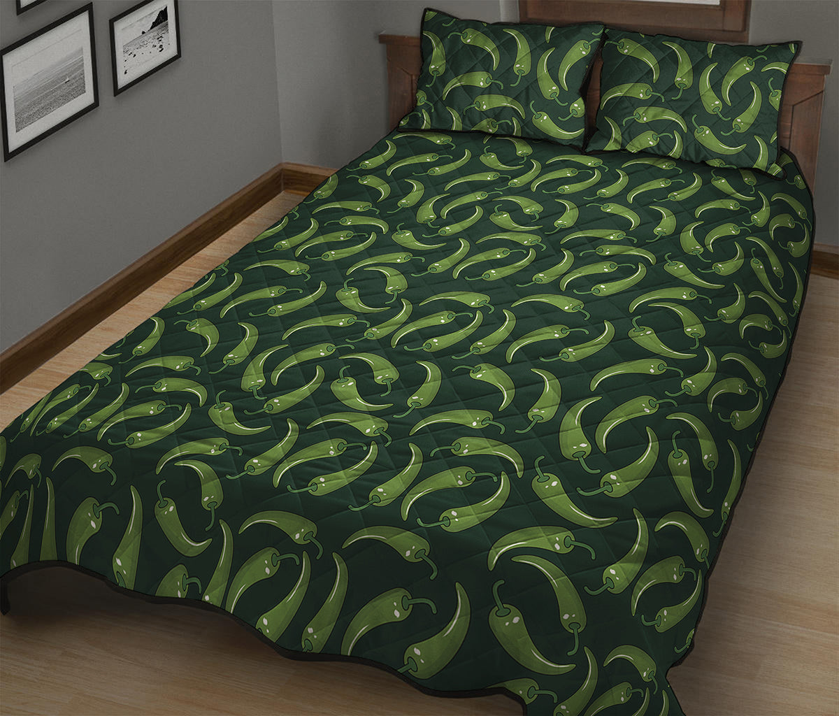 Green Chili Peppers Pattern Print Quilt Bed Set