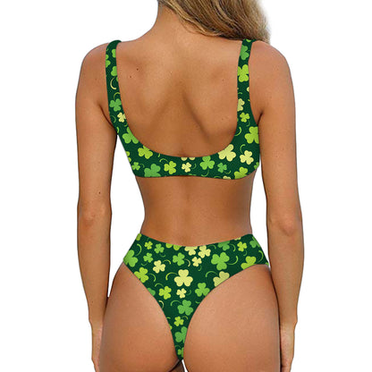 Green Clover Saint Patrick's Day Print Front Bow Tie Bikini