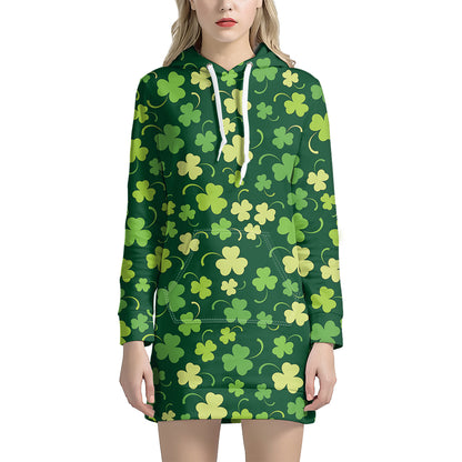 Green Clover Saint Patrick's Day Print Hoodie Dress