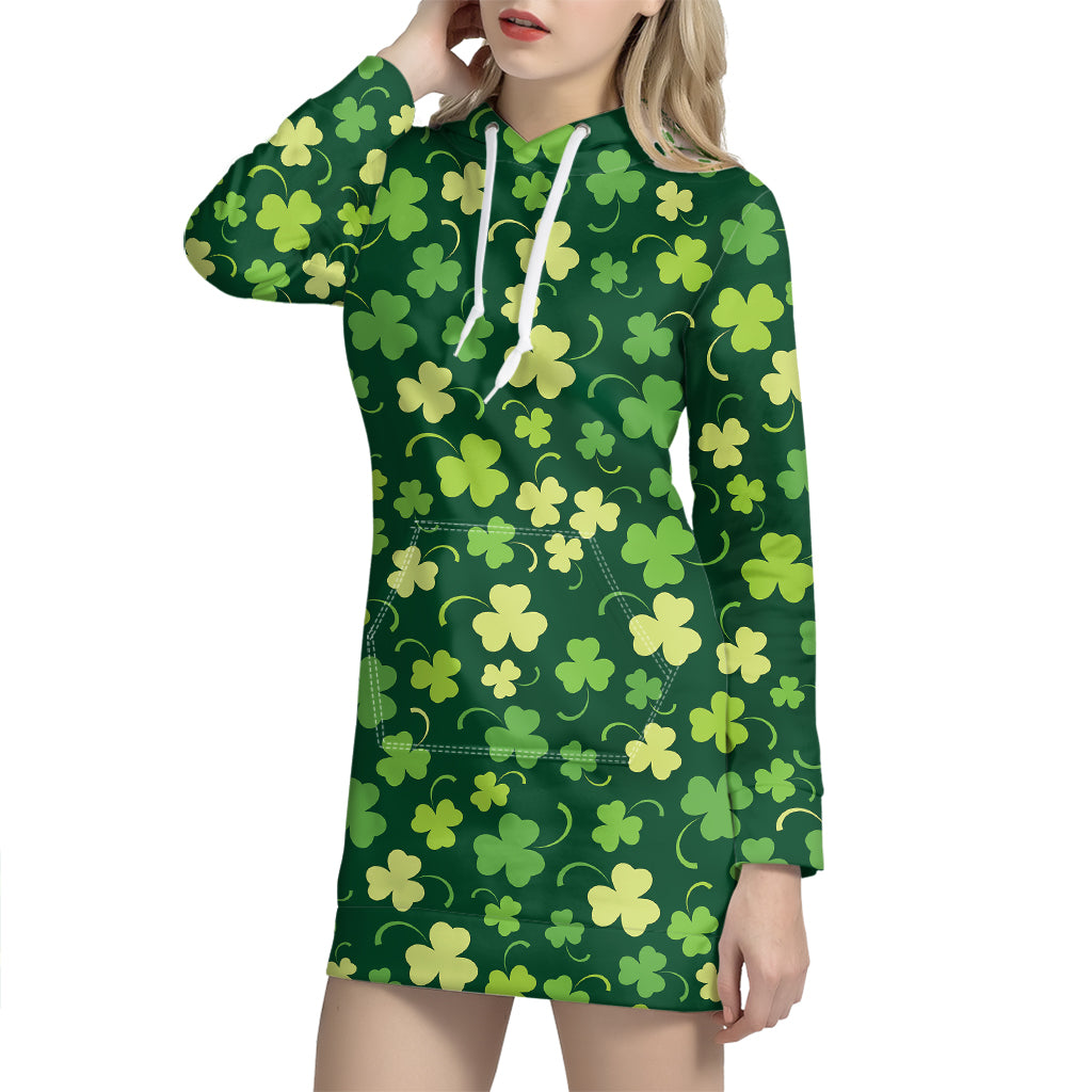 Green Clover Saint Patrick's Day Print Hoodie Dress