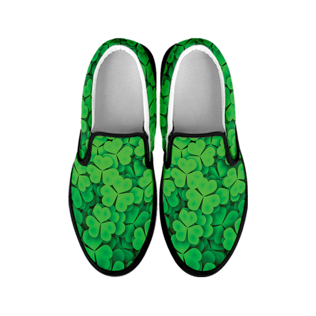 Green Clover St. Patrick's Day Print Black Slip On Shoes