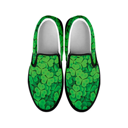 Green Clover St. Patrick's Day Print Black Slip On Shoes