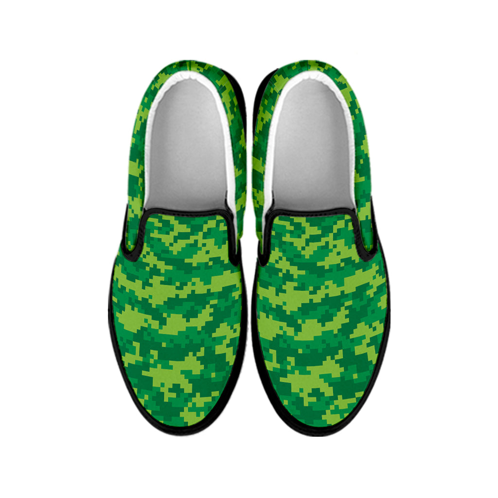 Green Digital Camo Pattern Print Black Slip On Shoes