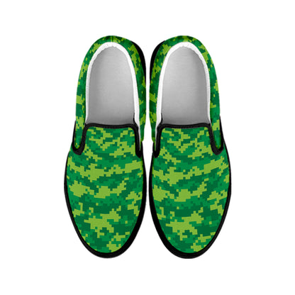 Green Digital Camo Pattern Print Black Slip On Shoes