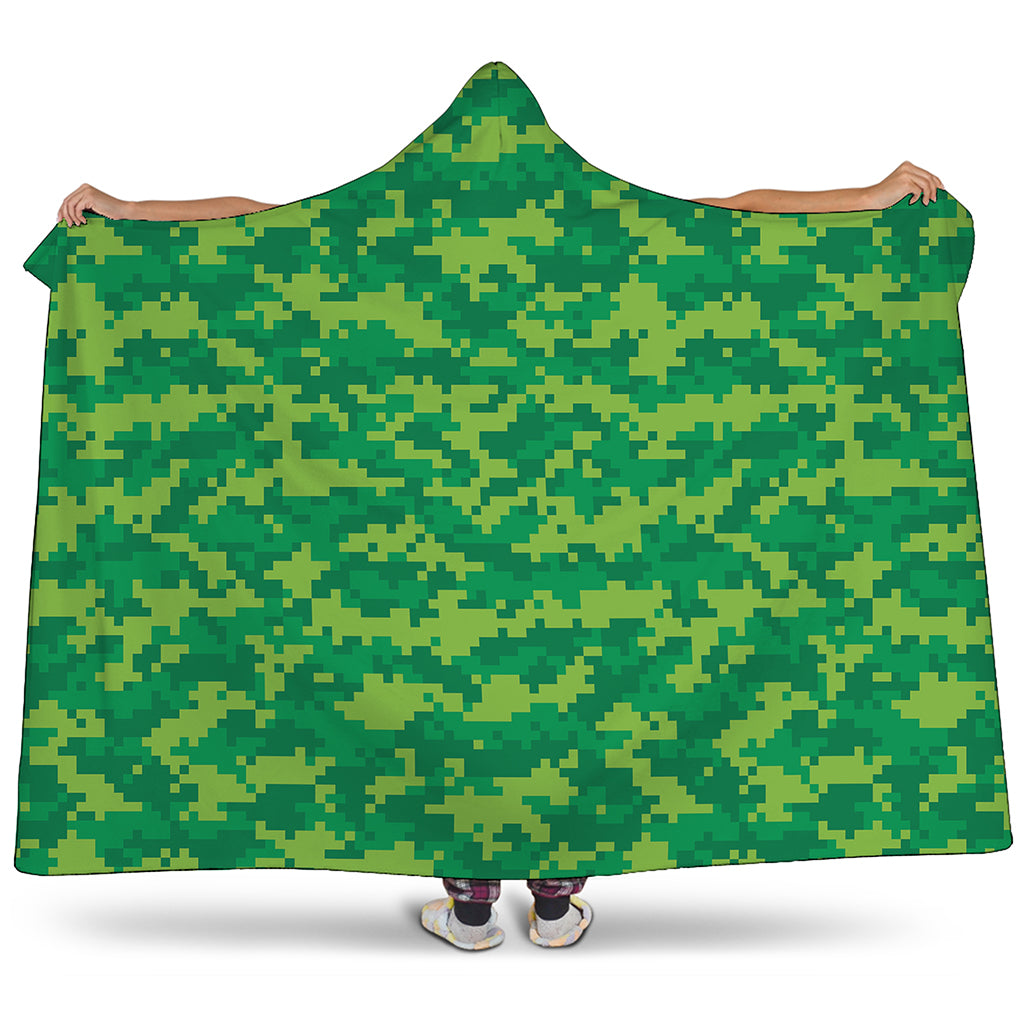 Green Digital Camo Pattern Print Hooded Blanket