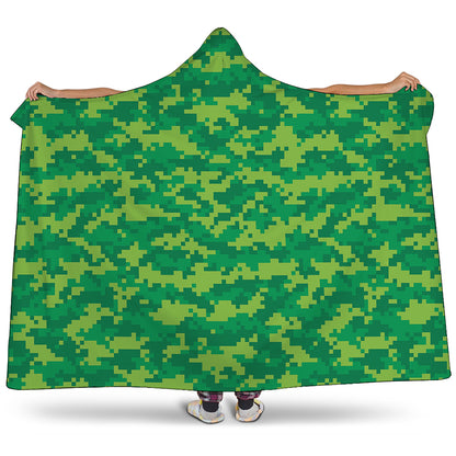 Green Digital Camo Pattern Print Hooded Blanket