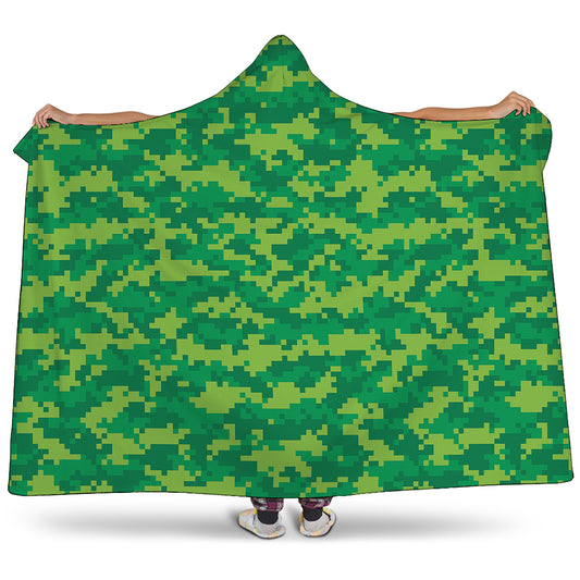 Green Digital Camo Pattern Print Hooded Blanket
