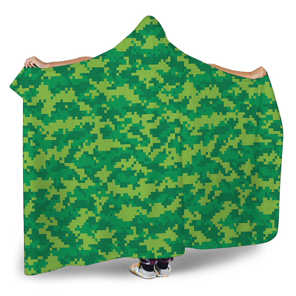 Green Digital Camo Pattern Print Hooded Blanket
