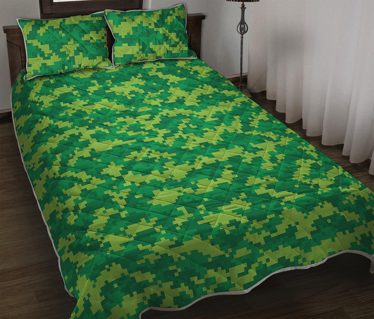 Green Digital Camo Pattern Print Quilt Bed Set