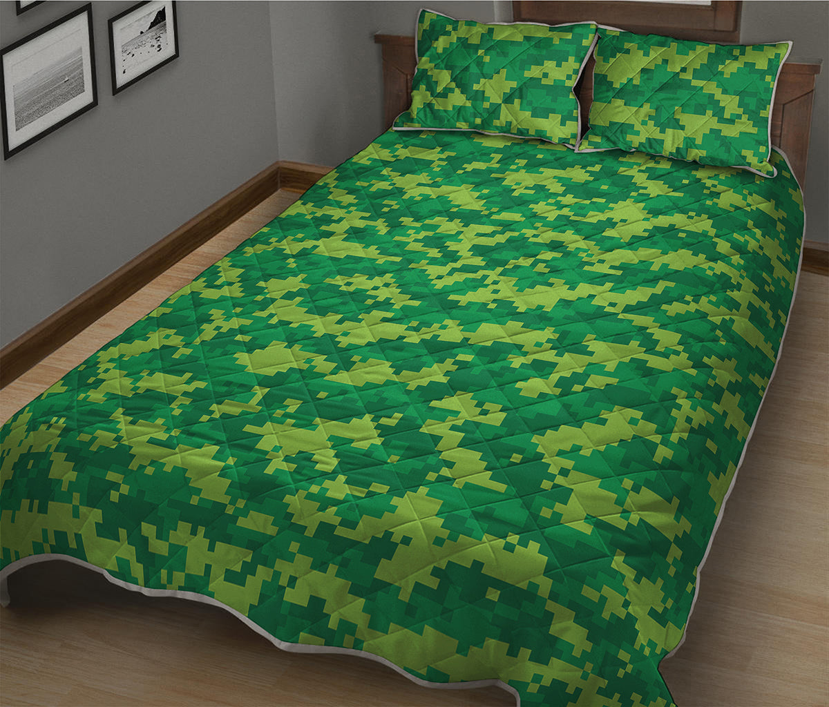 Green Digital Camo Pattern Print Quilt Bed Set