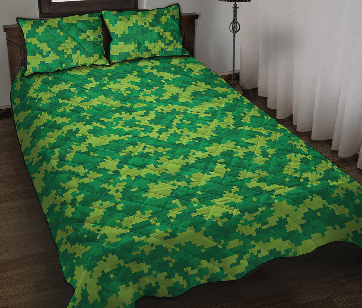 Green Digital Camo Pattern Print Quilt Bed Set