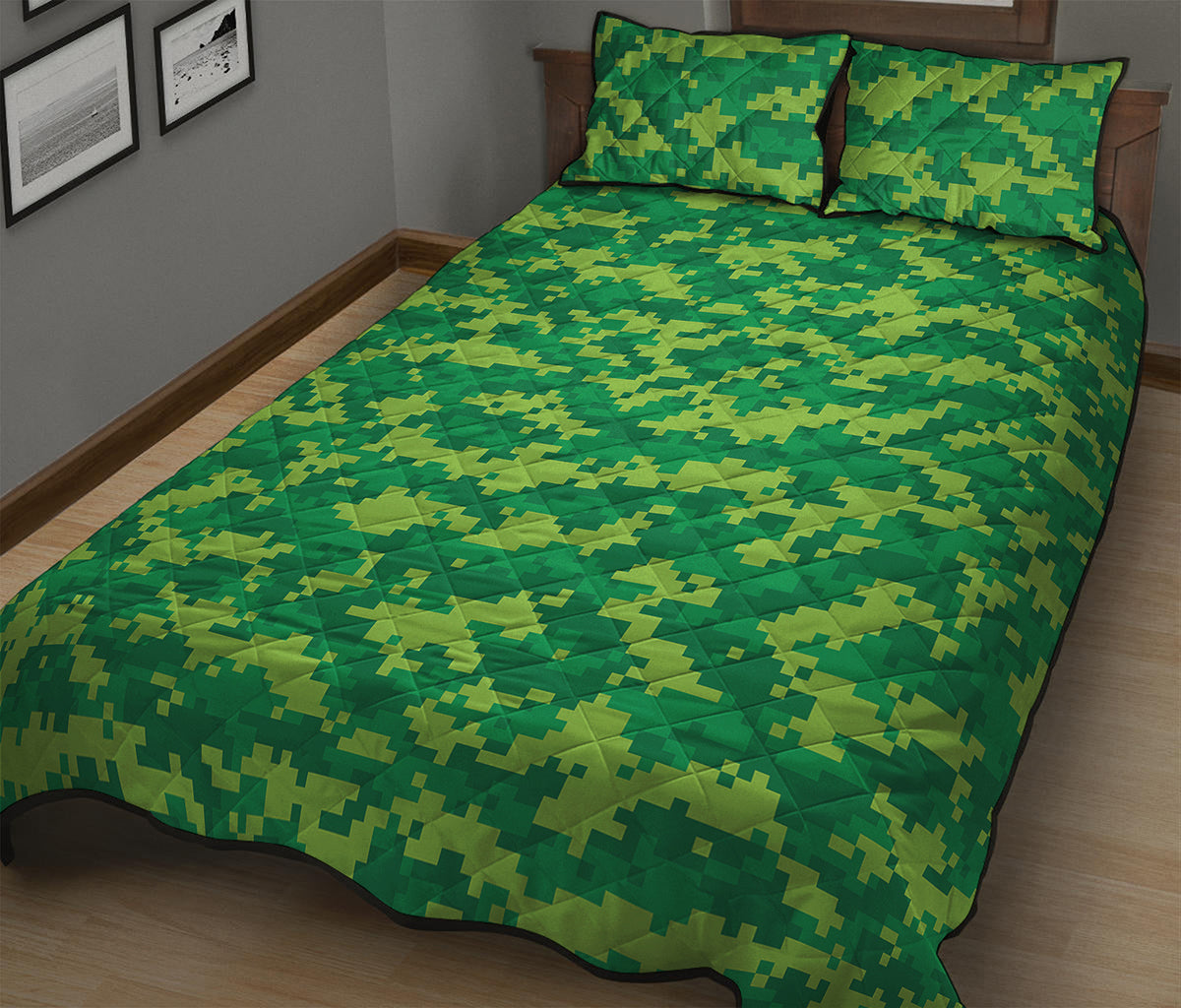 Green Digital Camo Pattern Print Quilt Bed Set