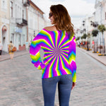 Green Dizzy Moving Optical Illusion Off Shoulder Sweatshirt GearFrost