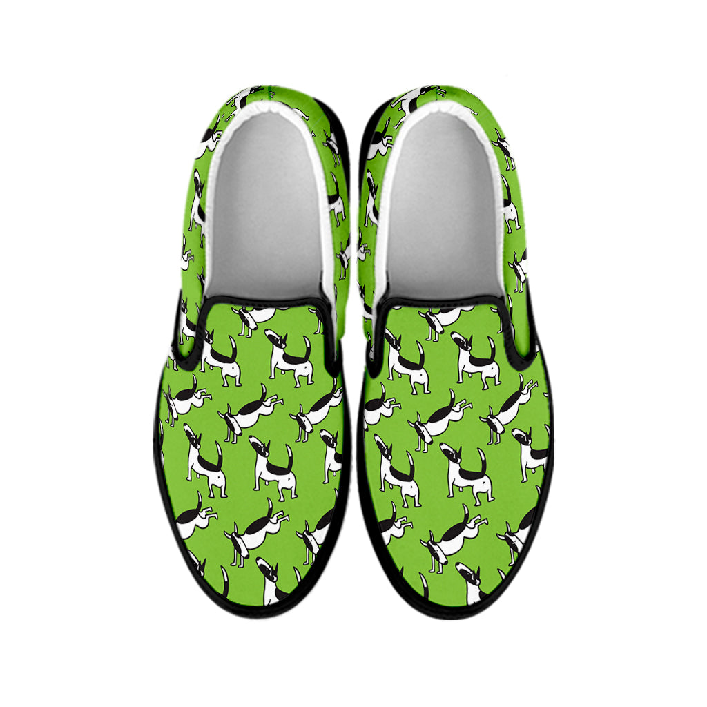 Green Doodle Bull Terrier Pattern Print Black Slip On Shoes