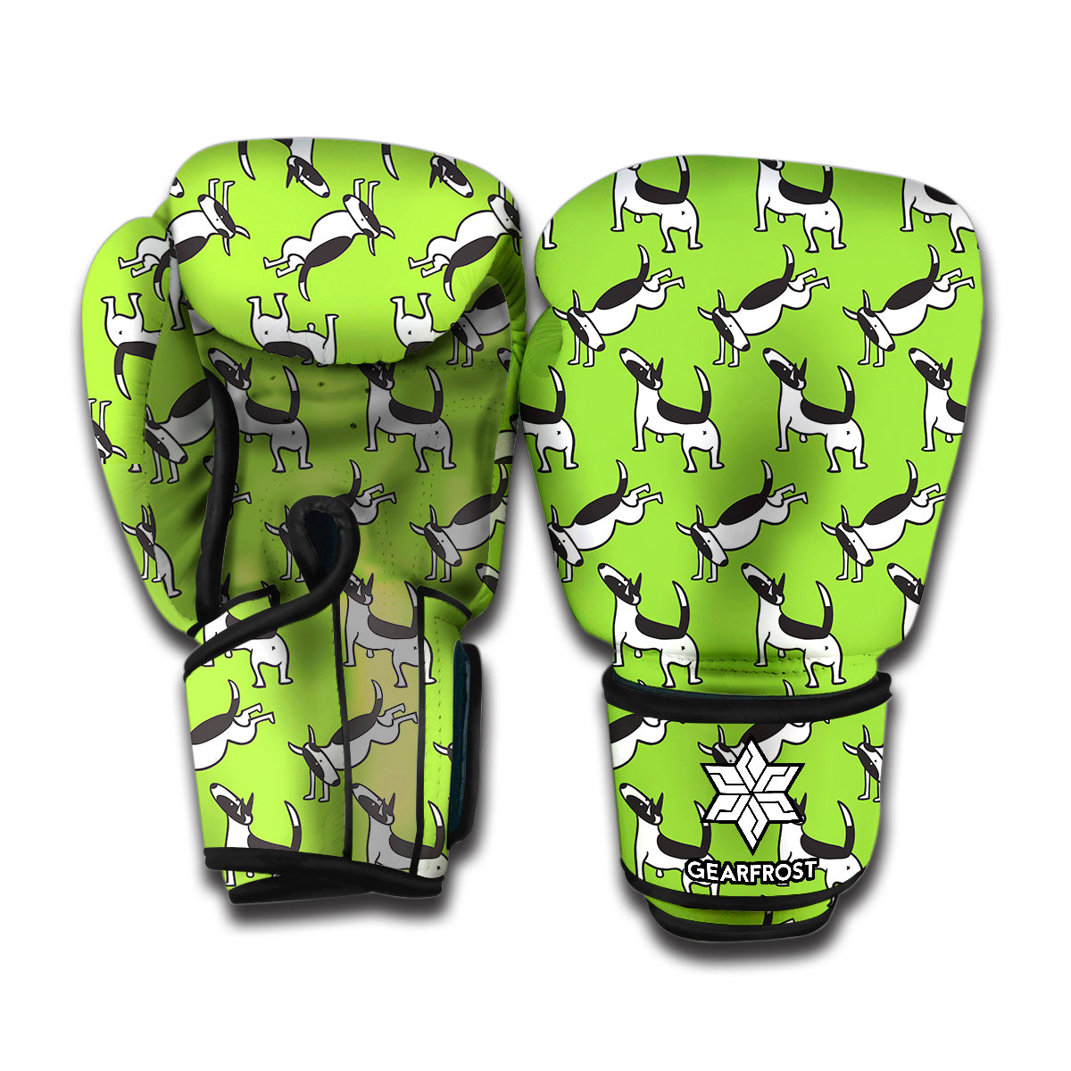 Green Doodle Bull Terrier Pattern Print Boxing Gloves