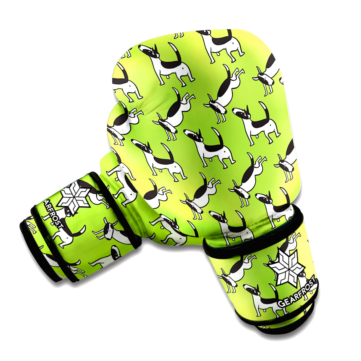 Green Doodle Bull Terrier Pattern Print Boxing Gloves