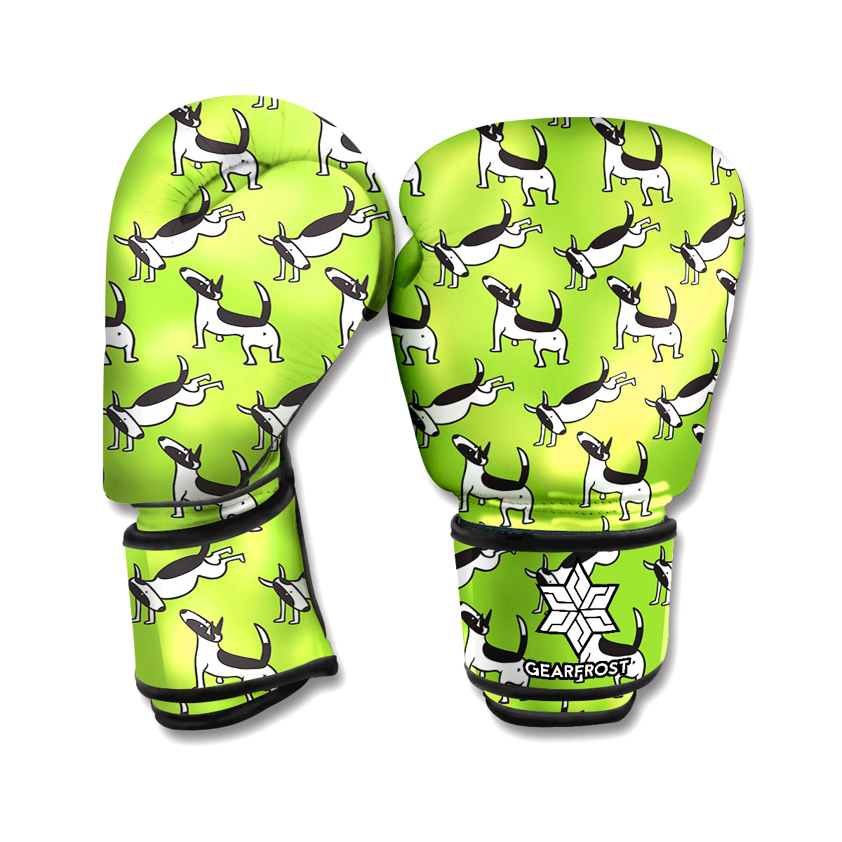 Green Doodle Bull Terrier Pattern Print Boxing Gloves