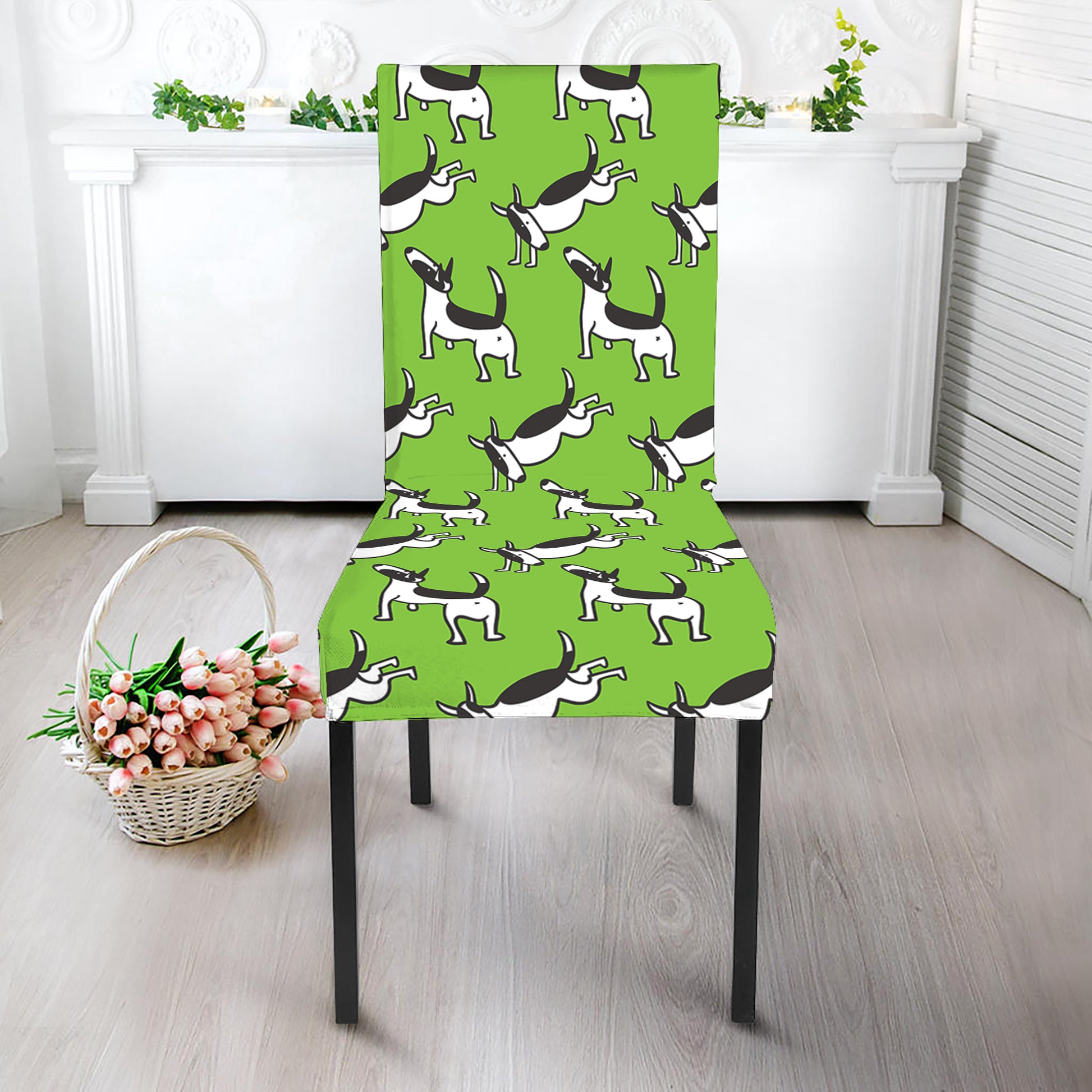 Green Doodle Bull Terrier Pattern Print Dining Chair Slipcover