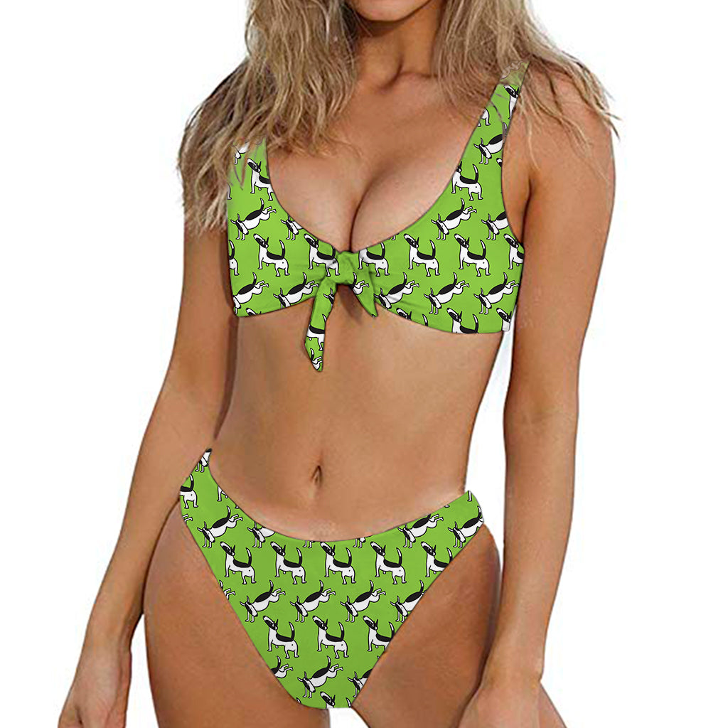 Green Doodle Bull Terrier Pattern Print Front Bow Tie Bikini