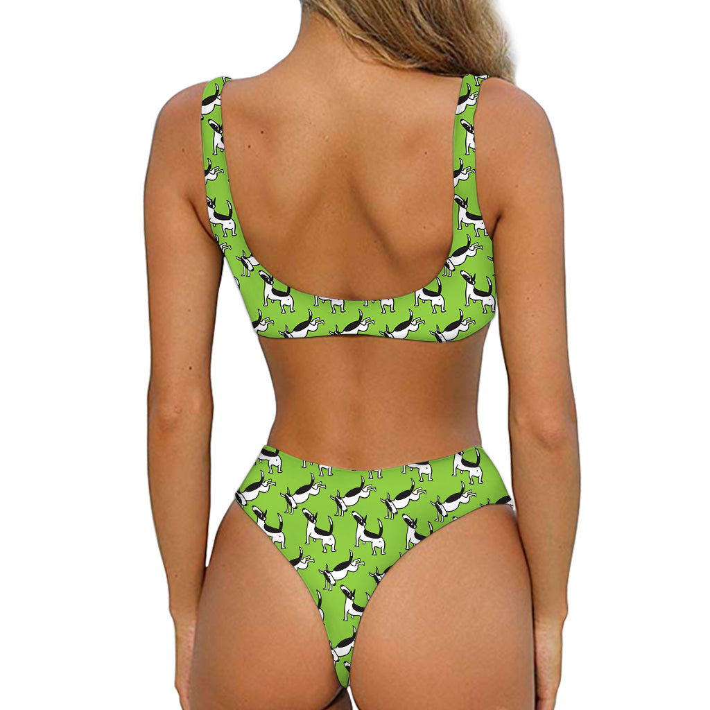 Green Doodle Bull Terrier Pattern Print Front Bow Tie Bikini