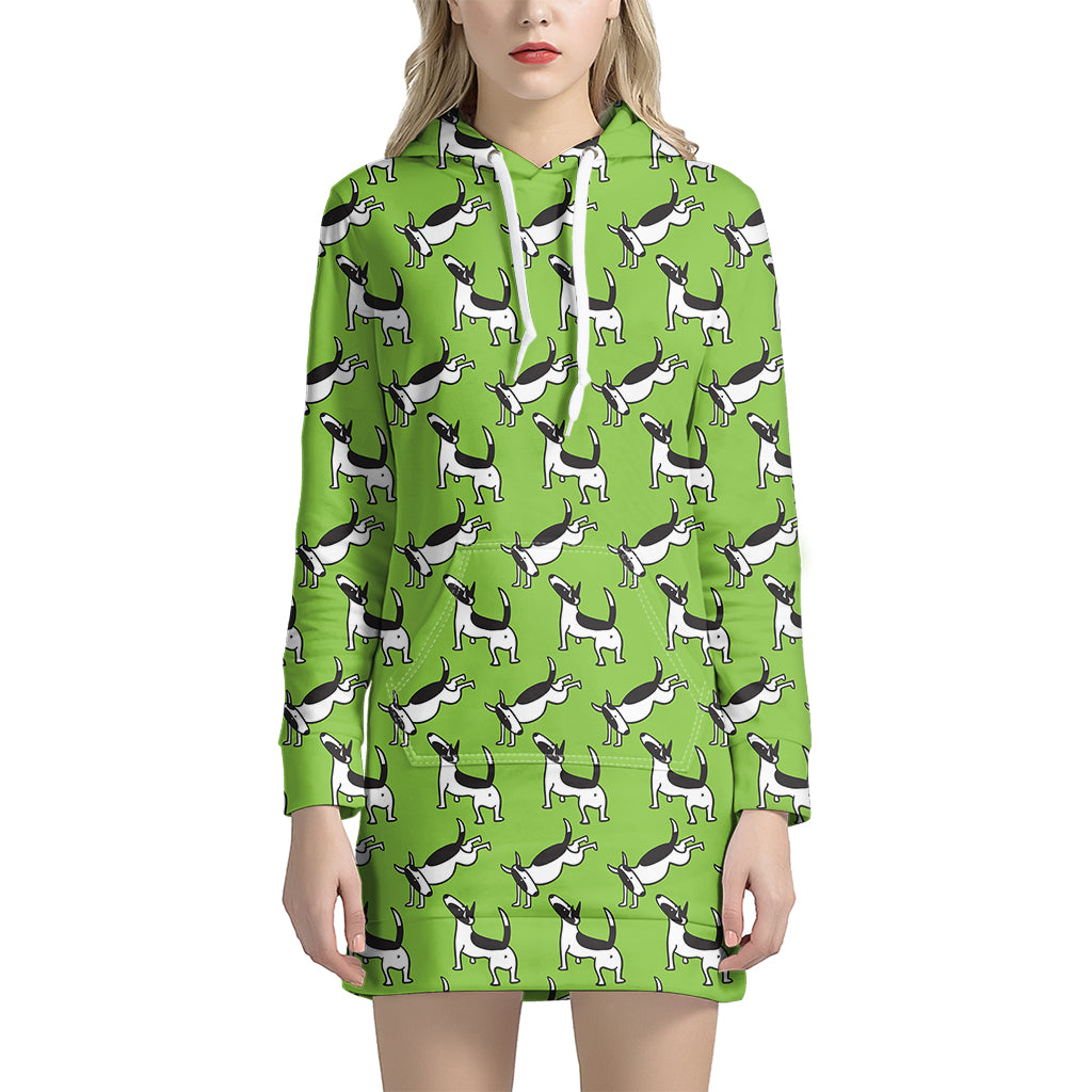 Green Doodle Bull Terrier Pattern Print Hoodie Dress