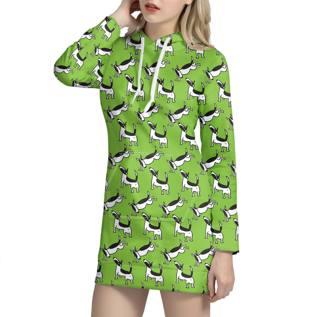 Green Doodle Bull Terrier Pattern Print Hoodie Dress
