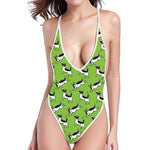 Green Doodle Bull Terrier Pattern Print One Piece High Cut Swimsuit