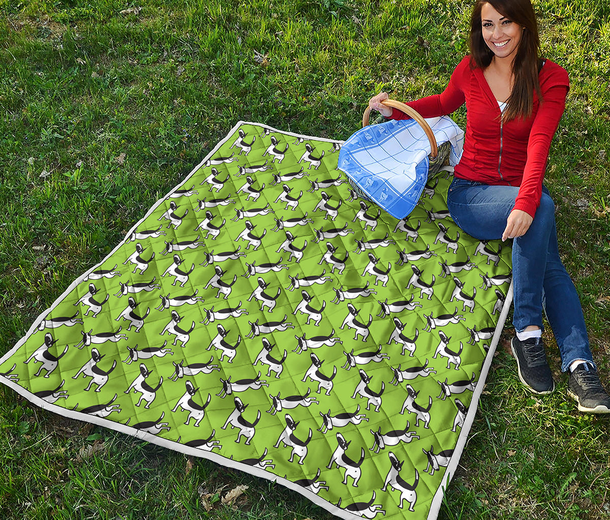Green Doodle Bull Terrier Pattern Print Quilt