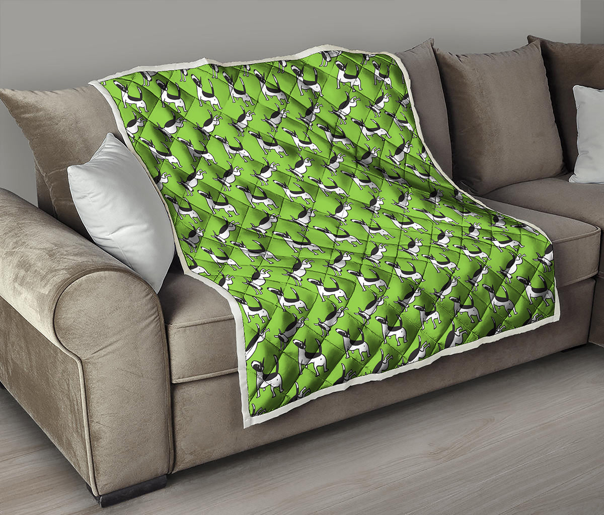 Green Doodle Bull Terrier Pattern Print Quilt
