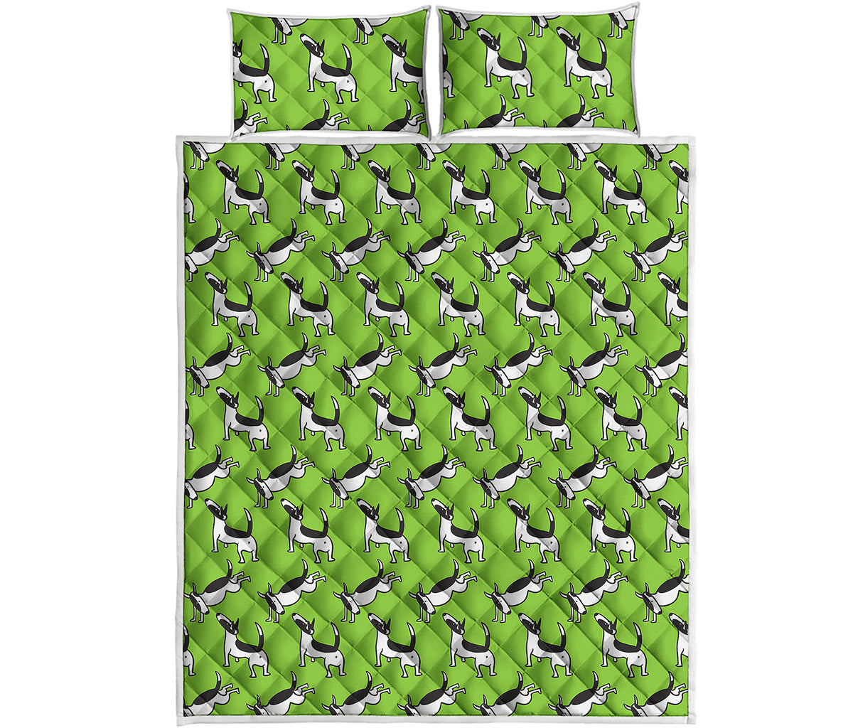 Green Doodle Bull Terrier Pattern Print Quilt Bed Set