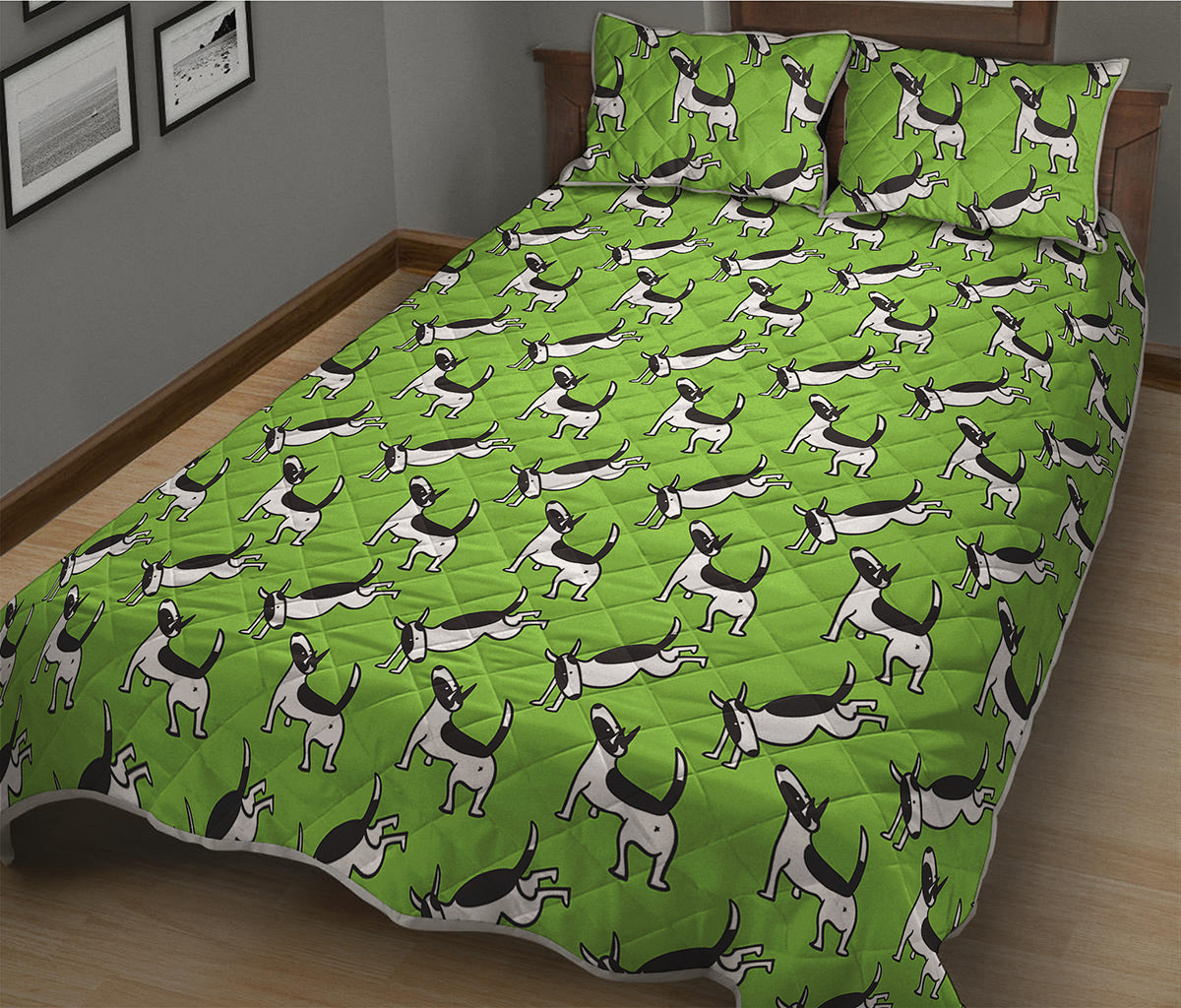 Green Doodle Bull Terrier Pattern Print Quilt Bed Set