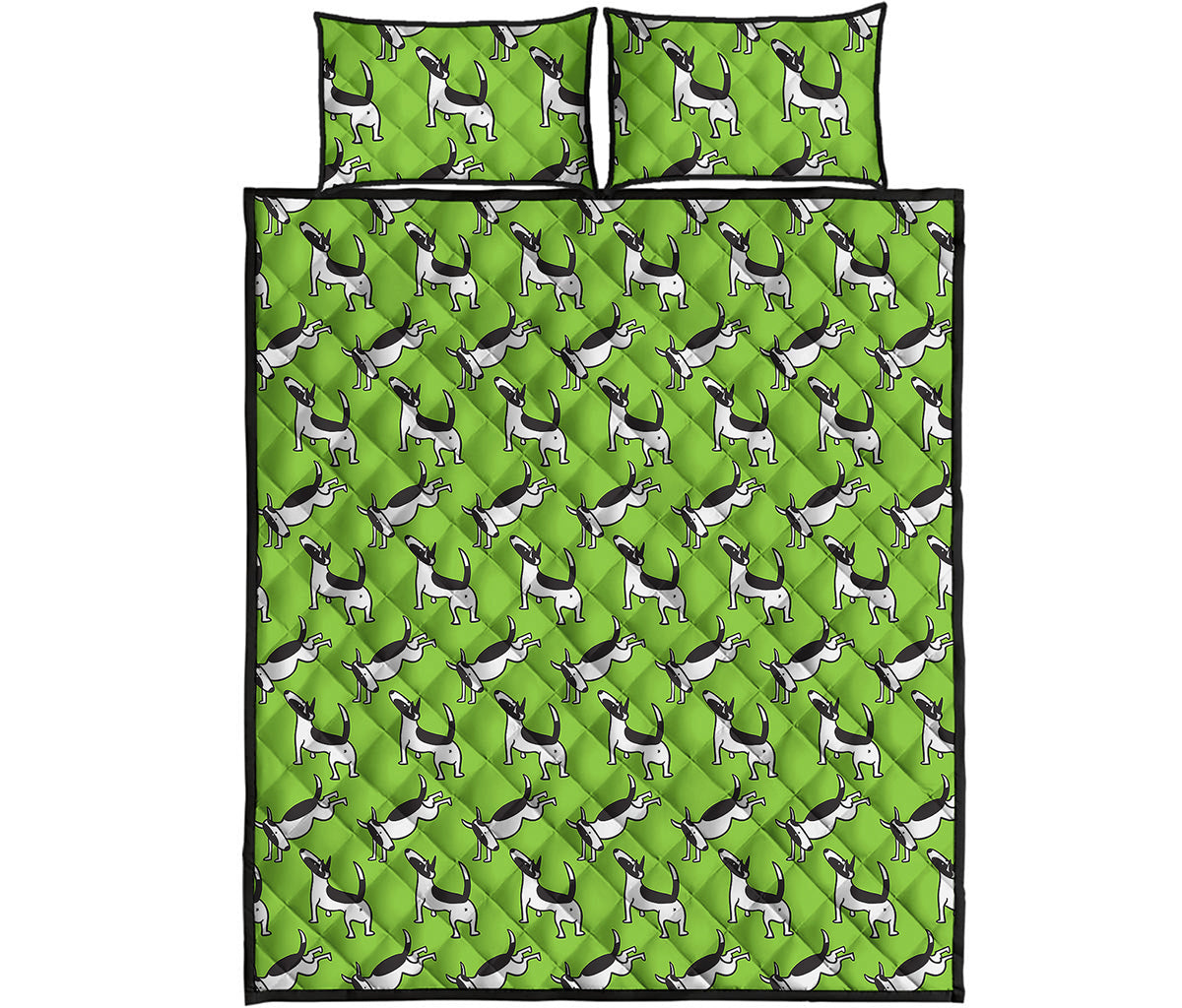 Green Doodle Bull Terrier Pattern Print Quilt Bed Set