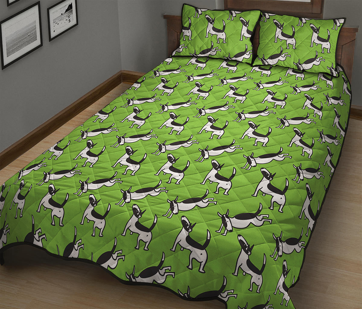 Green Doodle Bull Terrier Pattern Print Quilt Bed Set