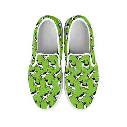 Green Doodle Bull Terrier Pattern Print White Slip On Shoes