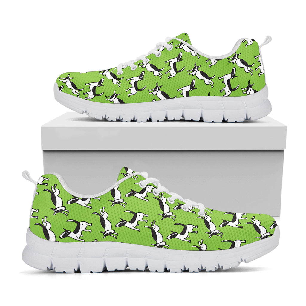Green Doodle Bull Terrier Pattern Print White Sneakers