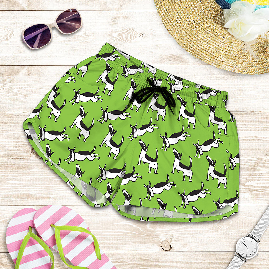 Green Doodle Bull Terrier Pattern Print Women's Shorts