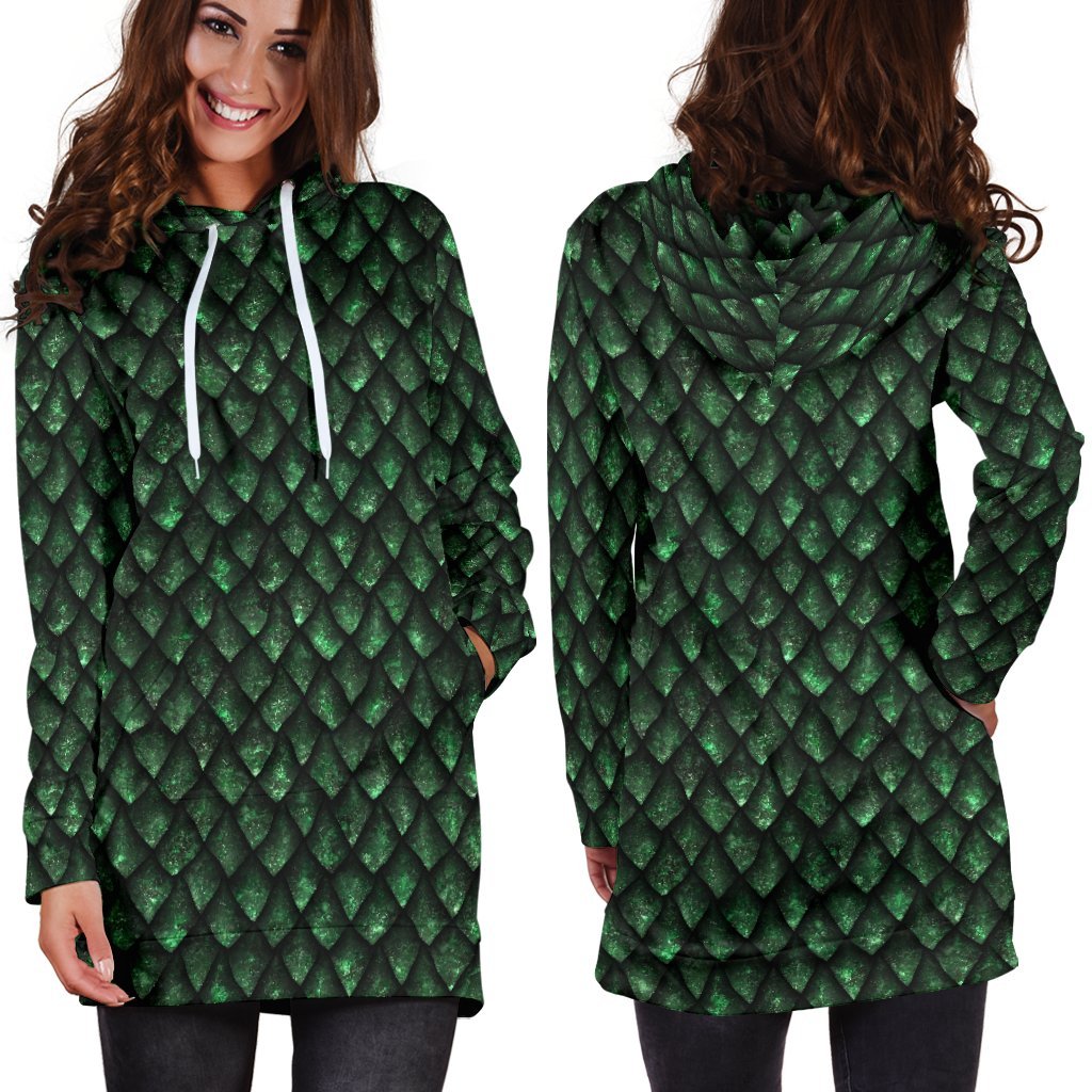 Green Dragon Scales Pattern Print Hoodie Dress GearFrost