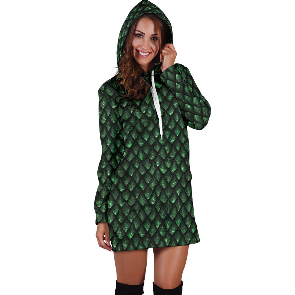 Green Dragon Scales Pattern Print Hoodie Dress GearFrost