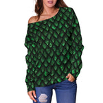 Green Dragon Scales Pattern Print Off Shoulder Sweatshirt GearFrost